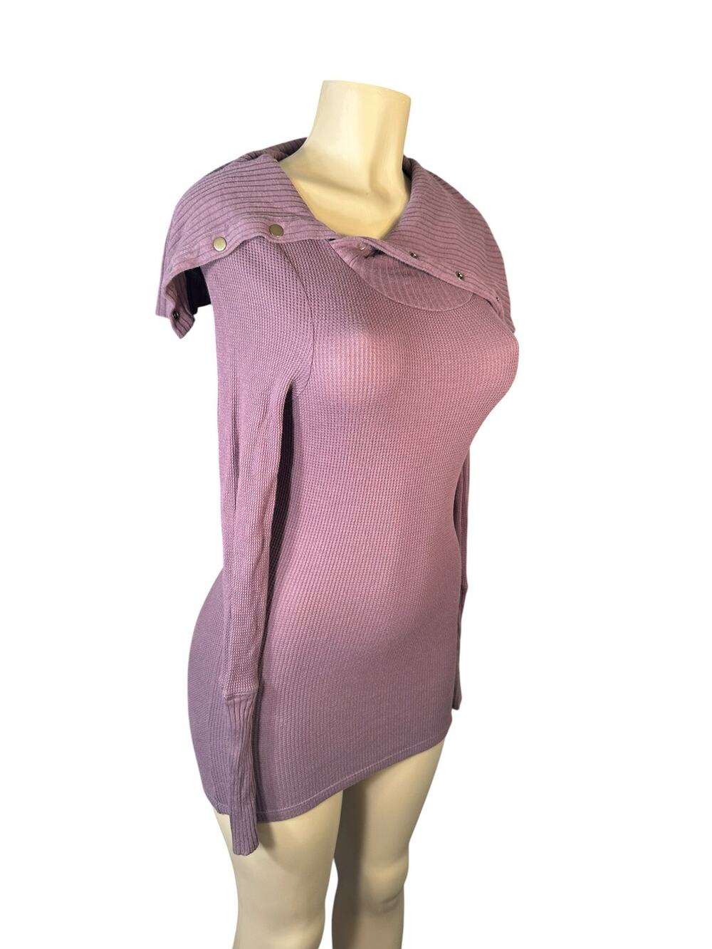 Women M Anthropologie Pure + Good Waffle Thermal Rib Purple Shirt Top Snap Neck